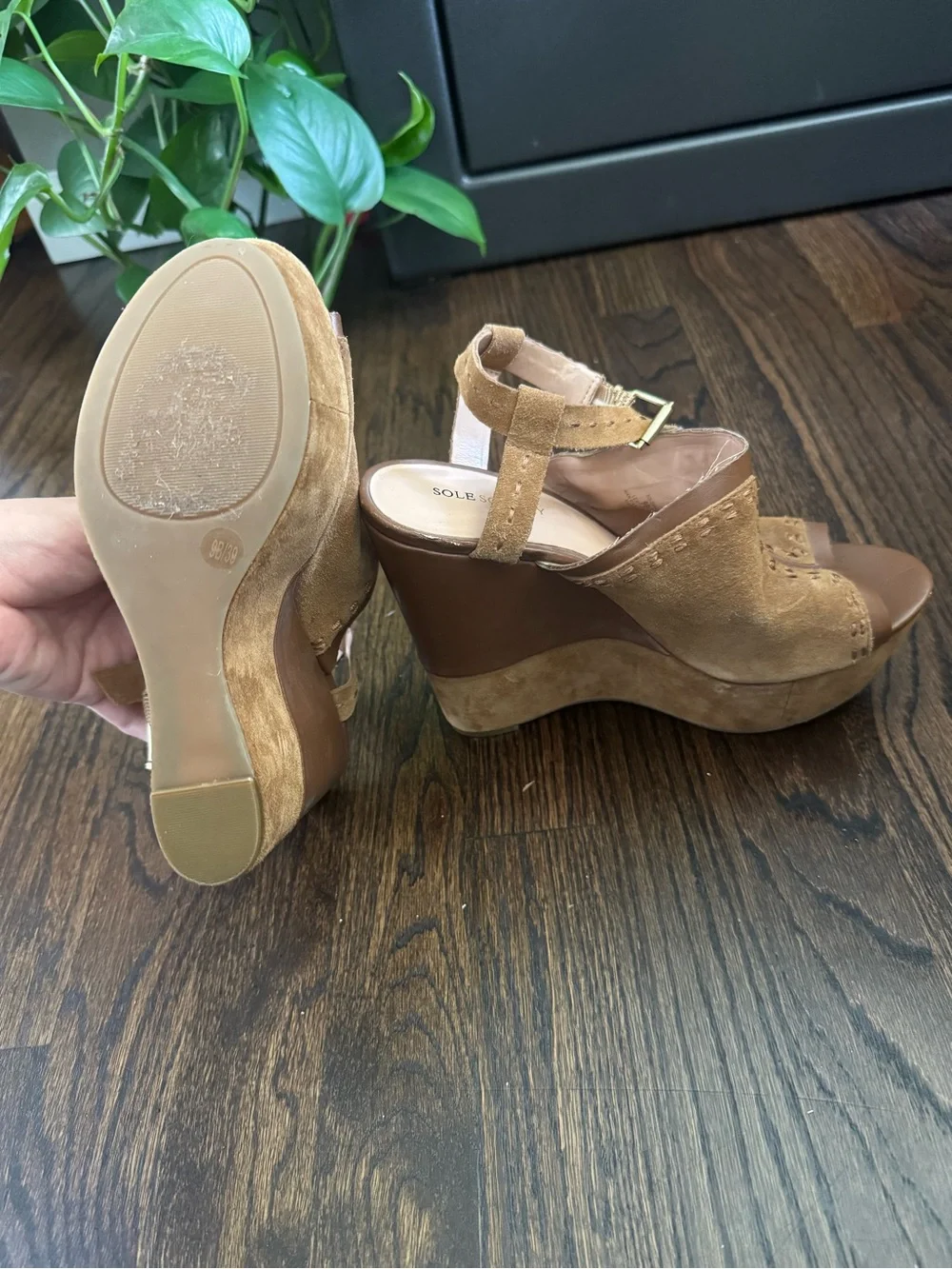 Sole Society Brown Tan Suede Open-Toe Wedge Sandals with Ankle Strap